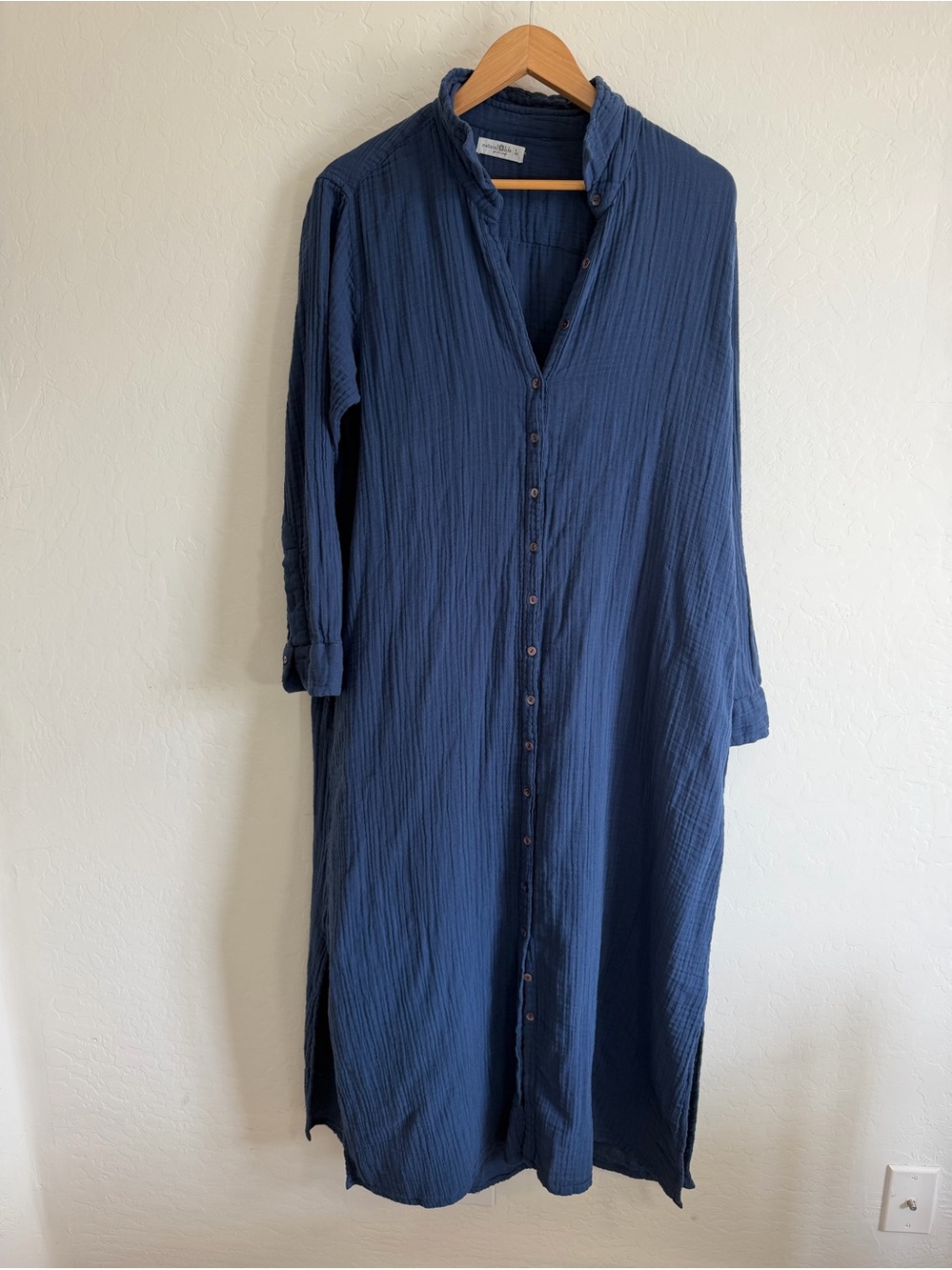 Natural Life Blue Button-Front Long Gauze Shirt Dress - L
